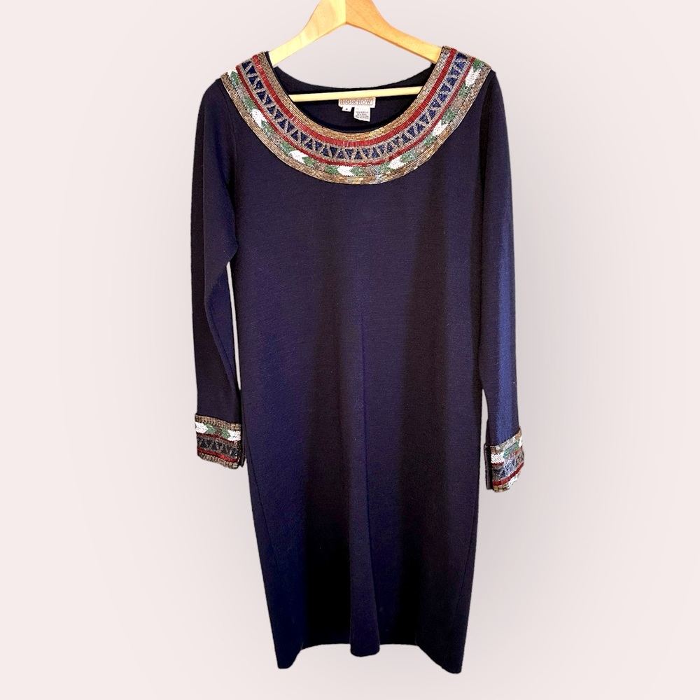 Horchow vintage navy knit dress wi stunning beaded collar cuffs small wool midi